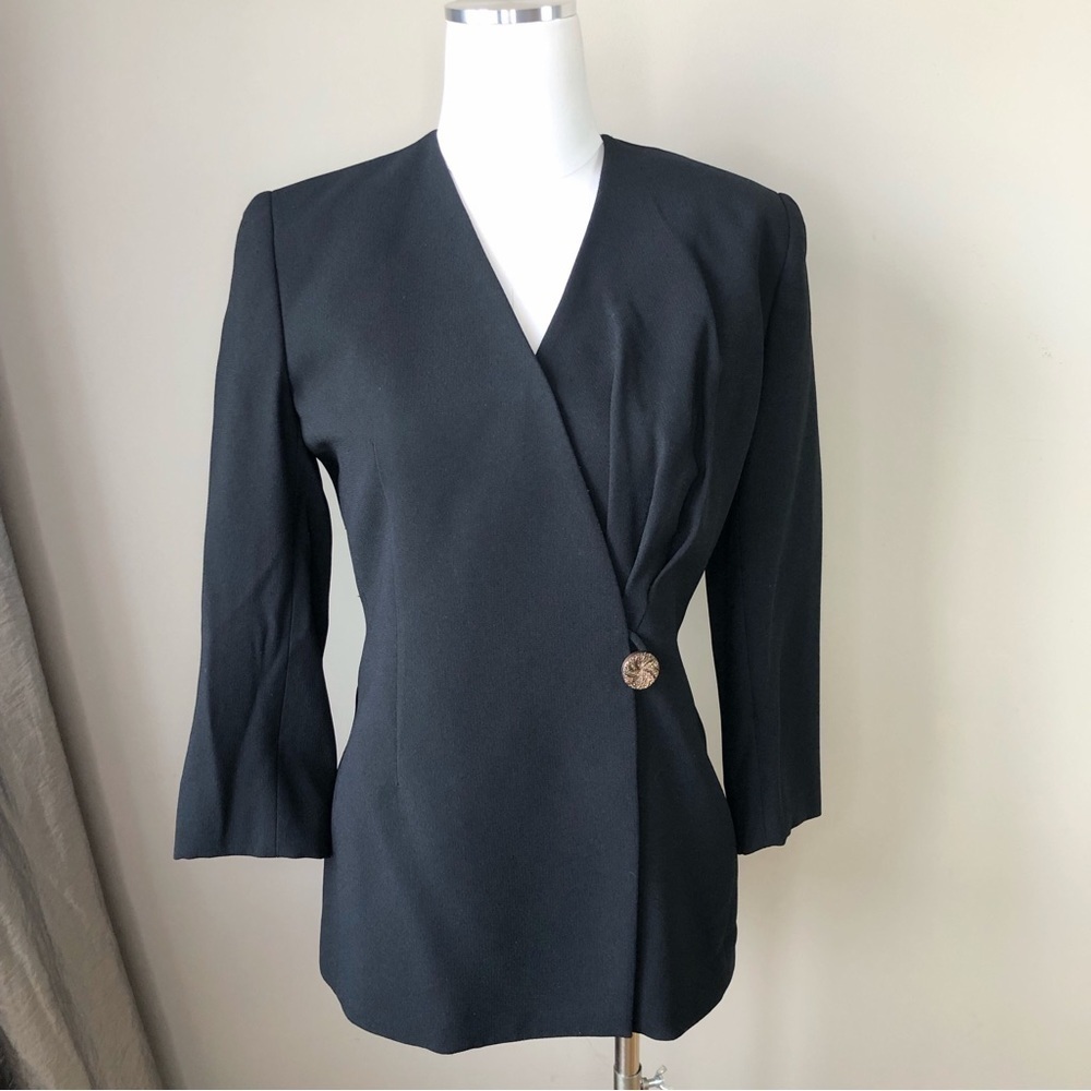 Vintage Seville Black Crepe Hourglass Draped Blazer S